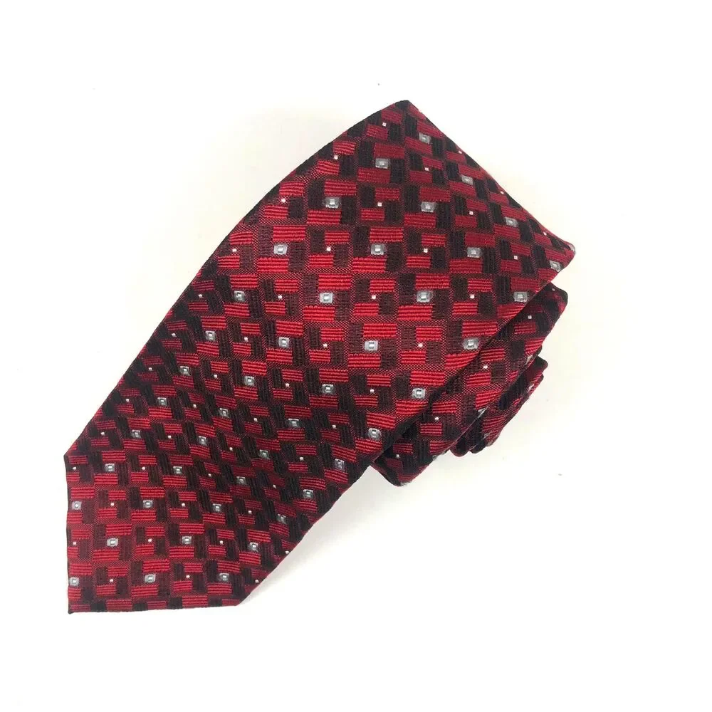 Murano EXTRA LONG Tie Red Black Geometric Pattern 100% Silk Dress Necktie 65 in